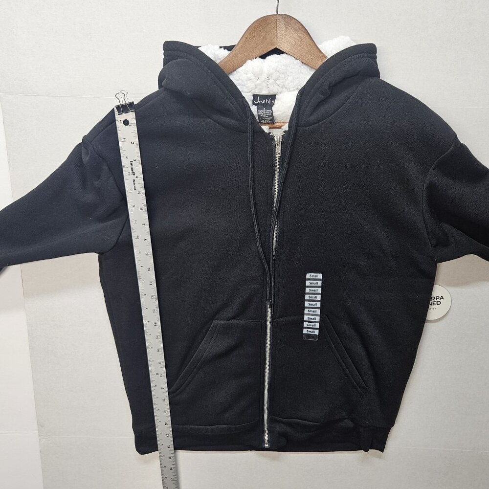Justify Unisex Black Hooded White Sherpa Jacket Size S‎ Adult Full Zip-Up - Picture 6 of 7